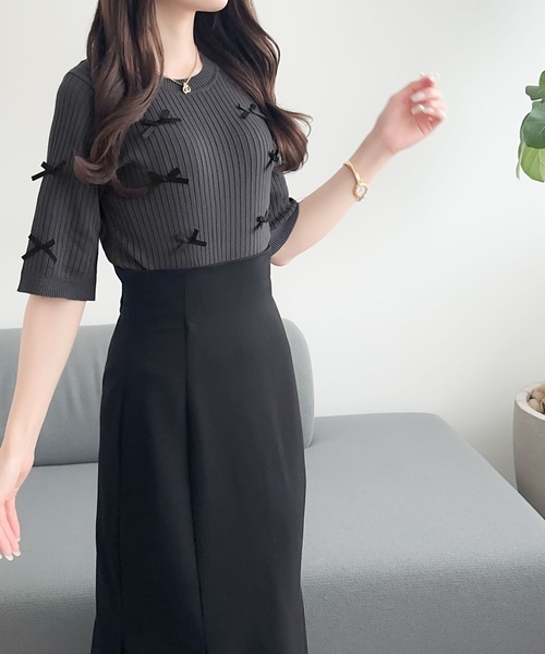 mily bilet(ミウィビレット)の「【mily bilet】程よい甘さとレトロムードが愛らしい。リボン使いリブ編みサマーニット(ニット/セーター・レディース・アイボリー/パープル/チャコールグレー・SMALL/MEDIUM/LARGE/X-LARGE)」の17枚目の写真