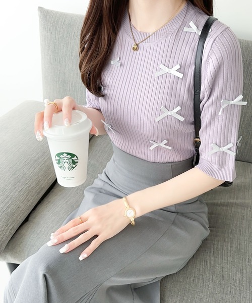 mily bilet(ミウィビレット)の「【mily bilet】程よい甘さとレトロムードが愛らしい。リボン使いリブ編みサマーニット(ニット/セーター・レディース・アイボリー/パープル/チャコールグレー・SMALL/MEDIUM/LARGE/X-LARGE)」の8枚目の写真