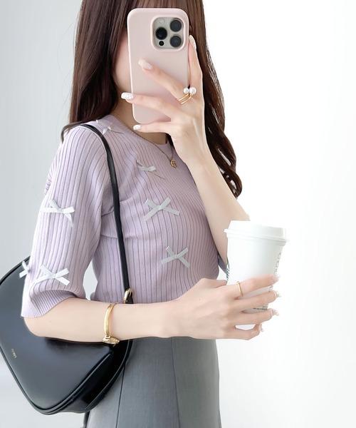 mily bilet(ミウィビレット)の「【mily bilet】程よい甘さとレトロムードが愛らしい。リボン使いリブ編みサマーニット(ニット/セーター・レディース・アイボリー/パープル/チャコールグレー・SMALL/MEDIUM/LARGE/X-LARGE)」の9枚目の写真