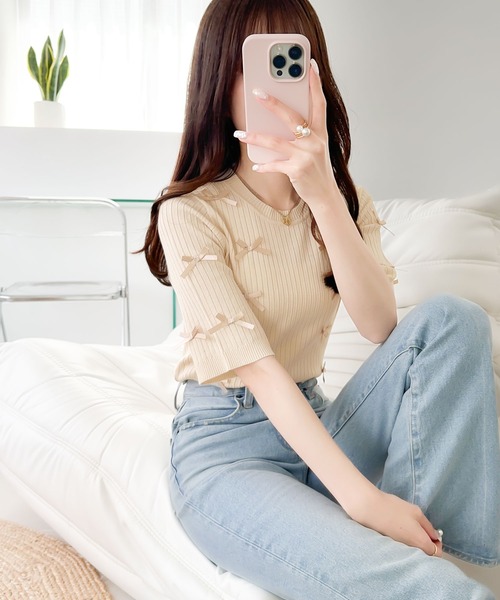 mily bilet(ミウィビレット)の「【mily bilet】程よい甘さとレトロムードが愛らしい。リボン使いリブ編みサマーニット(ニット/セーター・レディース・アイボリー/パープル/チャコールグレー・SMALL/MEDIUM/LARGE/X-LARGE)」の14枚目の写真