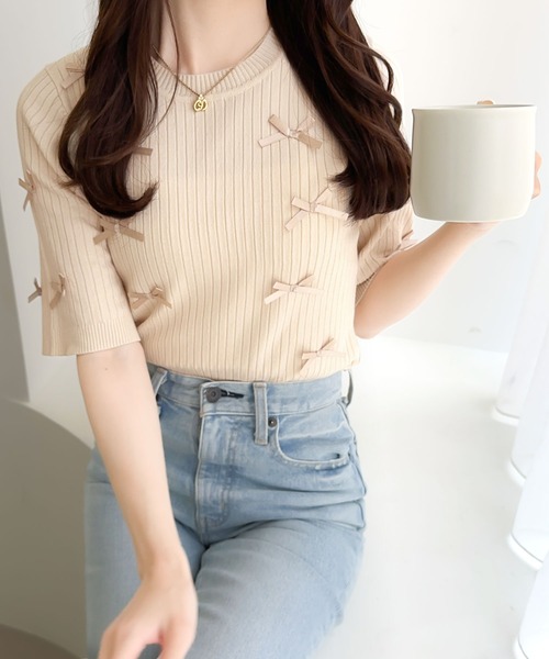 mily bilet(ミウィビレット)の「【mily bilet】程よい甘さとレトロムードが愛らしい。リボン使いリブ編みサマーニット(ニット/セーター・レディース・アイボリー/パープル/チャコールグレー・SMALL/MEDIUM/LARGE/X-LARGE)」の13枚目の写真