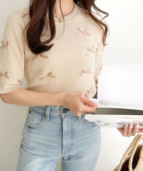 mily bilet(ミウィビレット)の「【mily bilet】程よい甘さとレトロムードが愛らしい。リボン使いリブ編みサマーニット(ニット/セーター・レディース・アイボリー/パープル/チャコールグレー・SMALL/MEDIUM/LARGE/X-LARGE)」の12枚目の写真
