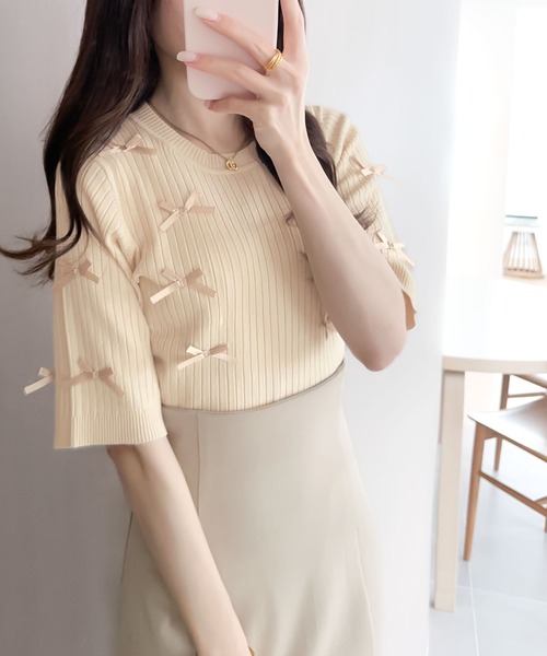 mily bilet(ミウィビレット)の「【mily bilet】程よい甘さとレトロムードが愛らしい。リボン使いリブ編みサマーニット(ニット/セーター・レディース・アイボリー/パープル/チャコールグレー・SMALL/MEDIUM/LARGE/X-LARGE)」の10枚目の写真