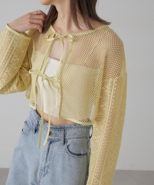 FREE'S MART（フリーズマート）の「◆前後2WAYダブルリボンメッシュカーディガン（カーディガン/ボレロ・レディース・イエロー/ホワイト/ブルー/ブラック・FREE）」の7枚目の写真