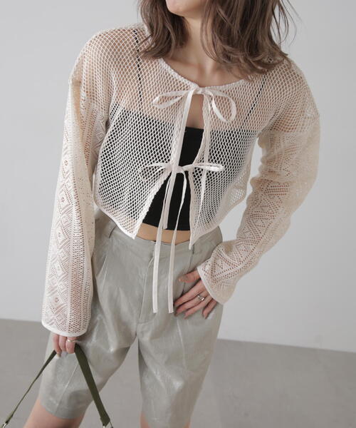 FREE'S MART（フリーズマート）の「◆前後2WAYダブルリボンメッシュカーディガン（カーディガン/ボレロ・レディース・イエロー/ホワイト/ブルー/ブラック・FREE）」の2枚目の写真