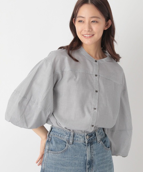 GLOBAL WORK(グローバルワーク)の「お手入れらくらくバルーン8分袖/115547(シャツ/ブラウス・レディース・ストライプ/チェック/グレイッシュブルー/ブラック・MEDIUM/LARGE)」の1枚目の写真