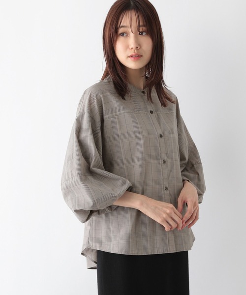 GLOBAL WORK(グローバルワーク)の「お手入れらくらくバルーン8分袖/115547(シャツ/ブラウス・レディース・ストライプ/チェック/グレイッシュブルー/ブラック・MEDIUM/LARGE)」の4枚目の写真