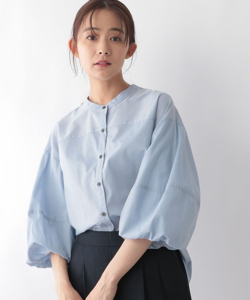 GLOBAL WORK(グローバルワーク)の「お手入れらくらくバルーン8分袖/115547(シャツ/ブラウス・レディース・ストライプ/チェック/グレイッシュブルー/ブラック・MEDIUM/LARGE)」の3枚目の写真