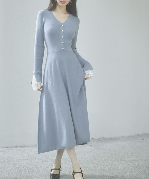 セール】パールボタンフレアニットワンピース（ワンピース）｜SAISON