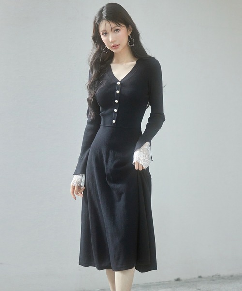 セール】パールボタンフレアニットワンピース（ワンピース）｜SAISON