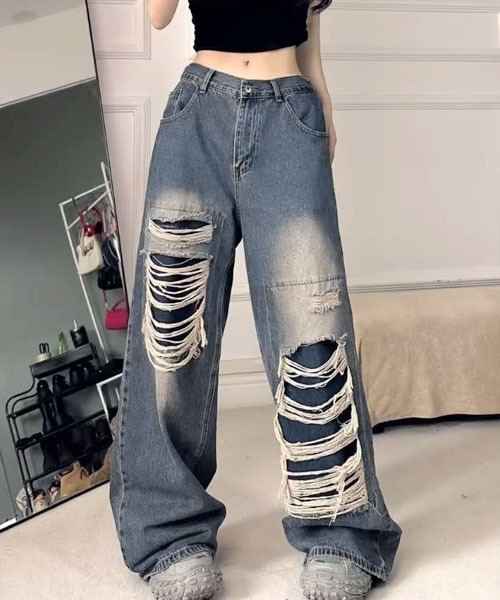 i-dare(アイディア)の「【i-dare】ヴィンテージ ダメージ加工 ワイド デニムパンツ(デニムパンツ・レディース・ブルー・SMALL/MEDIUM/LARGE)」の1枚目の写真