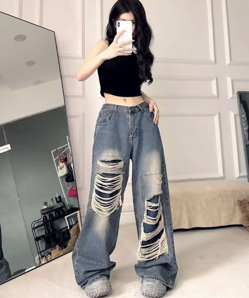 i-dare(アイディア)の「【i-dare】ヴィンテージ ダメージ加工 ワイド デニムパンツ(デニムパンツ・レディース・ブルー・SMALL/MEDIUM/LARGE)」の3枚目の写真