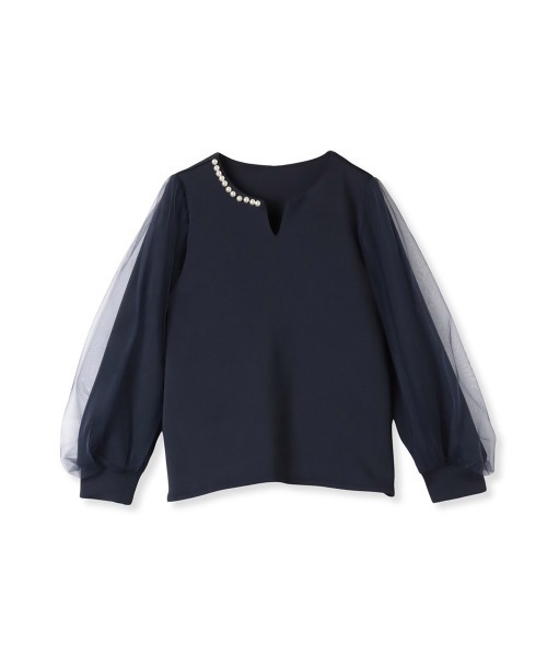 【SALE】パール付きチュール袖カットソー