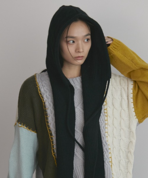 MERLOT（メルロー）の「ケーブル編みマフラーニットフライトキャップ（ニットキャップ/ビーニー・レディース・ブラック/アイボリー・FREE）」の22枚目の写真