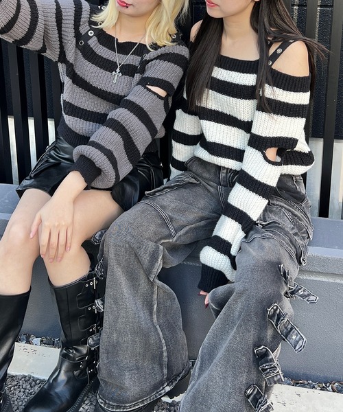 ストラップベルトオフショルボーダーニット（ニット/セーター