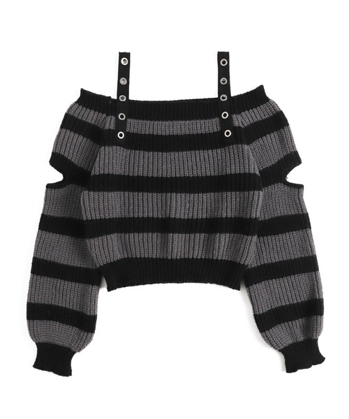 ストラップベルトオフショルボーダーニット（ニット/セーター