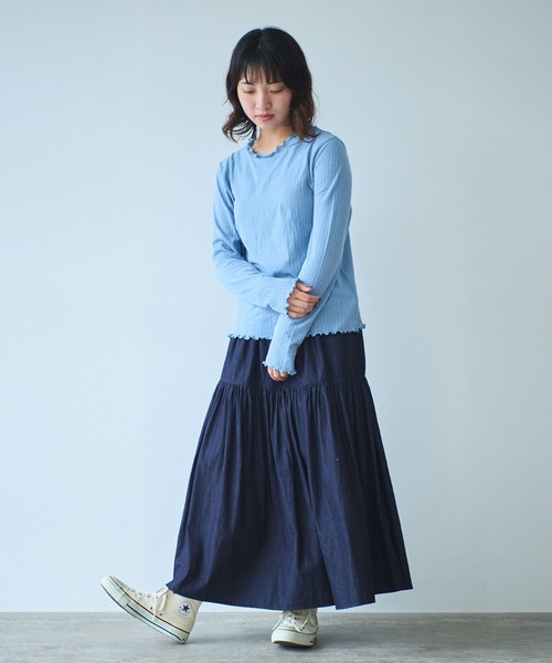 bulle de savon（ビュルデサボン）の「●強撚針抜ジャカード ハイネック長袖プルオーバー（Tシャツ/カットソー・レディース・ブラック/サックスブルー/ホワイト・FREE）」の14枚目の写真