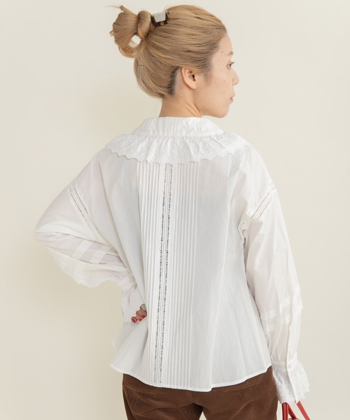 ドットアンドストライプス ピンタック レースブラウス 白 コットン F