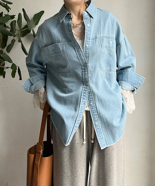 ブラウス シャツ リヨセルデニムシャツ レディース NAVY リヨセルデニムセミワイドシャツ レディース