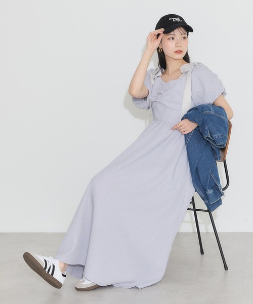 earth music&ecology（アースミュージックアンドエコロジー）の「リボンショルダーオフショルワンピース（ワンピース・レディース・ライトベージュ/ブラック/グレイッシュブルー・FREE）」の9枚目の写真