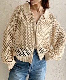 She's Closet（シーズクローゼット）の「襟付き透かし編みダブルジップメッシュニットカーディガン（カーディガン/ボレロ）」