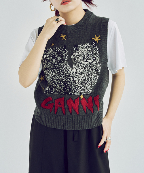 限定出品❣️ GANNI ガニー　ニット　ベスト　ロゴ　バタフライ GANNI（ガニー）の「GANNI/ガニー GRAPHIC WOOL MIX KNIT