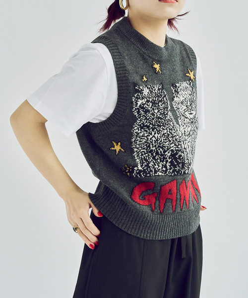 GANNI（ガニー）の「GANNI/ ガニー Graphic Wool Mix Cats Vest（ベスト・レディース・チャコールグレー・FREE）」の7枚目の写真