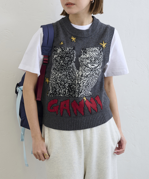 GANNI（ガニー）の「GANNI/ ガニー Graphic Wool Mix Cats Vest（ベスト・レディース・チャコールグレー・FREE）」の2枚目の写真
