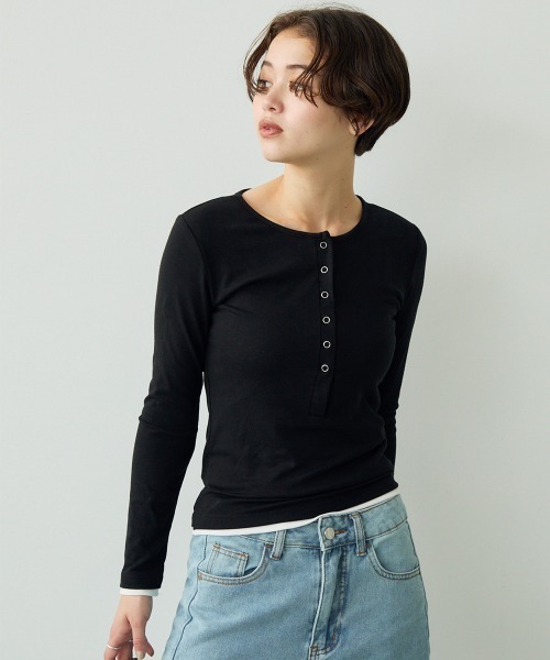 Clum（クルム）の「レイヤードボタントップス（Tシャツ/カットソー・レディース・グレー/ブラック・SMALL/MEDIUM）」の11枚目の写真