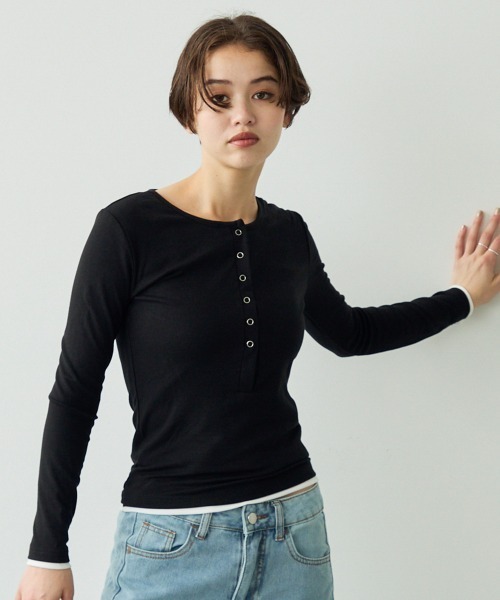 Clum（クルム）の「レイヤードボタントップス（Tシャツ/カットソー・レディース・グレー/ブラック・SMALL/MEDIUM）」の12枚目の写真