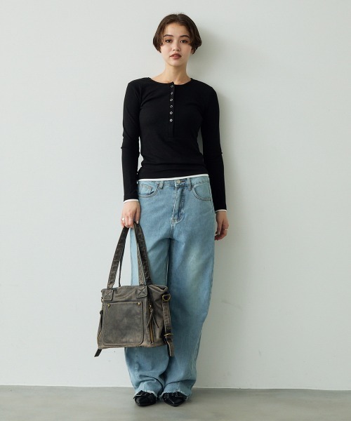 Clum（クルム）の「レイヤードボタントップス（Tシャツ/カットソー・レディース・グレー/ブラック・SMALL/MEDIUM）」の17枚目の写真