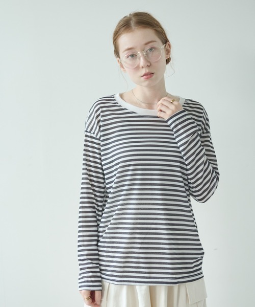tシャツ シアーボーダーTシャツ レディース etoll. tシャツ シアーボーダークルーネックT レディース