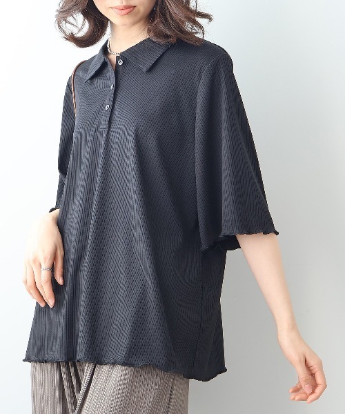 leswel(レスウェル)の「【L~5L 大きいサイズ】ランダムテレコポロシャツ 半袖 春夏(ポロシャツ・レディース・ブラック/グリーン/ネイビー・5L/4L/3L/LL/L)」の6枚目の写真