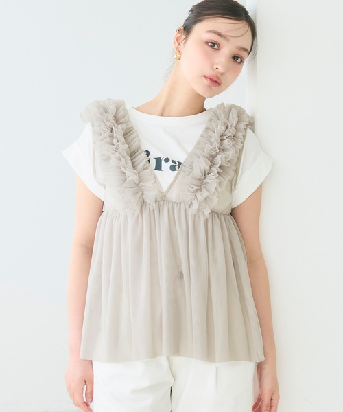 coca（coca）（コカ）の「チュールVネックトップス（Tシャツ/カットソー・レディース・ドット/レッド/ブラック/グレー・M/L）」の8枚目の写真