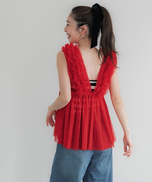 coca（coca）（コカ）の「チュールVネックトップス（Tシャツ/カットソー・レディース・ドット/レッド/ブラック/グレー・M/L）」の10枚目の写真