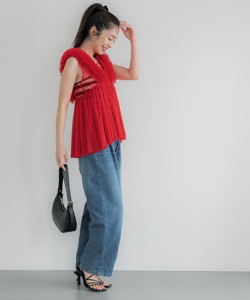 coca（coca）（コカ）の「チュールVネックトップス（Tシャツ/カットソー・レディース・ドット/レッド/ブラック/グレー・M/L）」の11枚目の写真