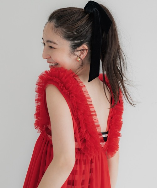 coca（coca）（コカ）の「チュールVネックトップス（Tシャツ/カットソー・レディース・ドット/レッド/ブラック/グレー・M/L）」の13枚目の写真