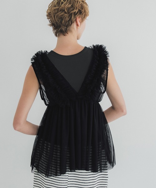 コカ coca チュールVネックトップス （Black） -ファッション