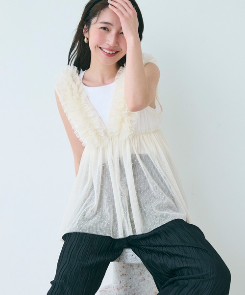 coca（coca）（コカ）の「チュールVネックトップス（Tシャツ/カットソー・レディース・ドット/レッド/ブラック/グレー・M/L）」の21枚目の写真