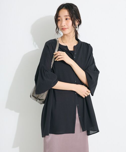 ソブ★美品★ジョーゼットスキッパーブラウス★長袖★パールカフスボタン★ネイビー セール】ジョーゼットスキッパーシャツ（シャツ/ブラウス