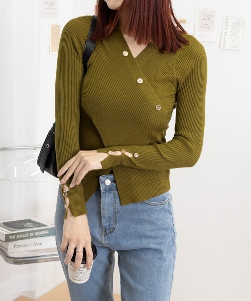 Miniministore(ミニミニストア)の「カシュクールニットトップス韓国風セーター(ニット/セーター・レディース・カーキ/アイボリー/スモークピンク/ブラック/レッド/ホワイト・FREE)」の11枚目の写真