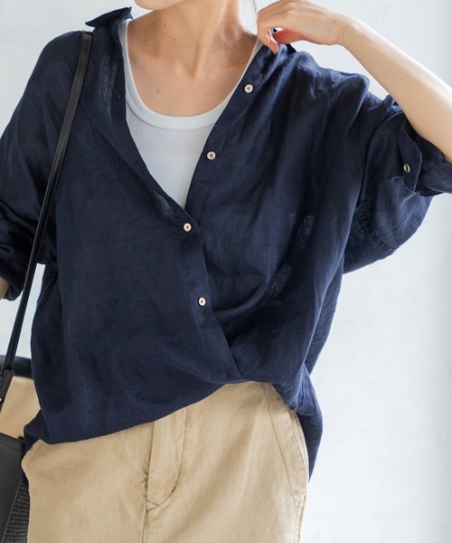 【スピックアンドスパン】80リネンカシュクールビッグシャツ　サックスブルー♪ 追加2》80リネンカシュクールビッグシャツ（シャツ／ブラウス