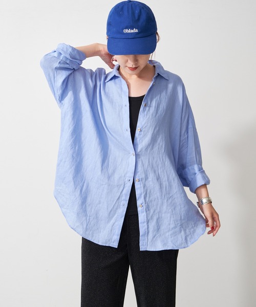 スピックアンドスパンリネンカシュクールビッグシャツ・サックスブルー 追加3》80リネンカシュクールビッグシャツ（シャツ/ブラウス