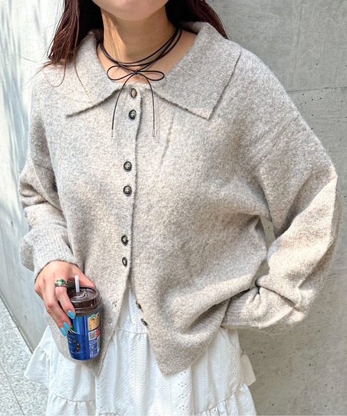 PILIT（ピリット）の「襟付きニットカーディガン（カーディガン/ボレロ・レディース・グレー/ピンク/イエロー/アイボリー/ブラウン/ベージュ/ブラック・FREE）」の5枚目の写真