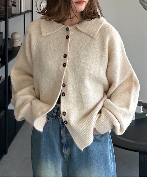 PILIT（ピリット）の「襟付きニットカーディガン（カーディガン/ボレロ・レディース・グレー/ピンク/イエロー/アイボリー/ブラウン/ベージュ/ブラック・FREE）」の2枚目の写真