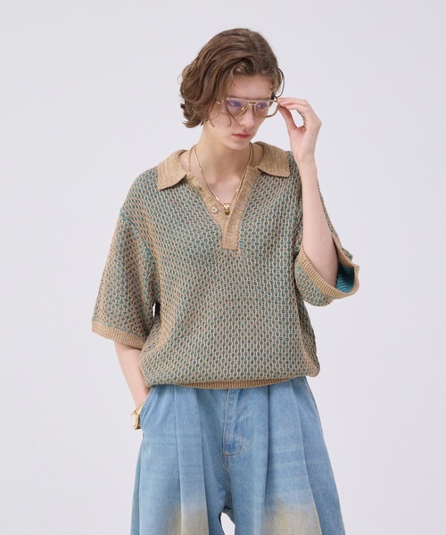 【soerte】マルチカラージャガードニットポロ サイズ2 ベージュ MULTI COLLAR JACQUARD KNIT POLO/マルチカラージャガード