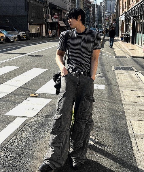 COSYHARU(コシハル)の「マッスルフィットストライプ半袖Tシャツ(Tシャツ/カットソー・メンズ・グレー/ブラック・FREE)」の16枚目の写真