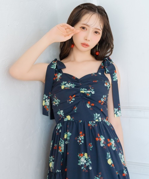 【美品】ウィルセレクション リボンショルダーフルーツプリントワンピース リボンショルダーフルーツプリントワンピース（ワンピース