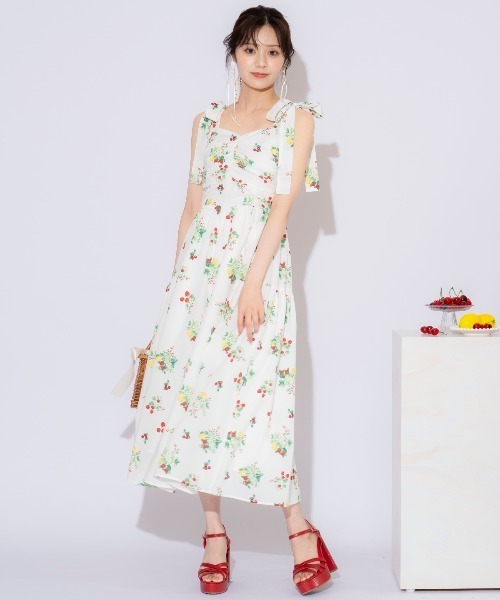 【新品】WILLSELECTION リボンショルダーフルーツプリントワンピース WILLSELECTION｜リボンショルダーフルーツプリントワンピース