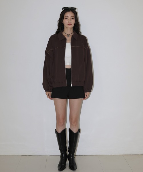 Mili affinity（ミリアフィニティー）の「ライン配色オーバーサイズジャージブルゾン（ブルゾン・レディース・ブラウン/カーキ・FREE）」の9枚目の写真
